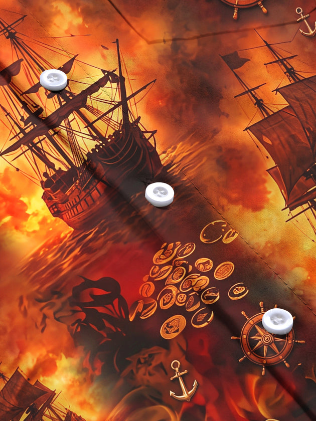 Adaychic Men's Printed Pirate Ships And Treasure Print Long Sleeve Shirt with Chest Pocket