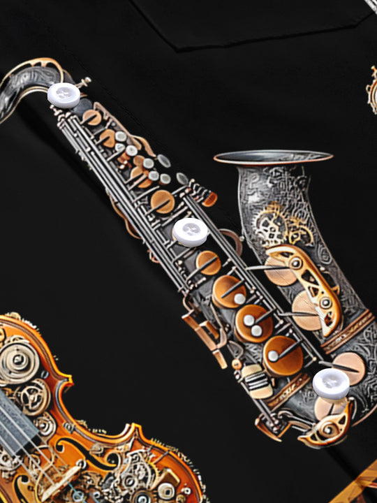 Adaychic Men's Graphic Steampunk Musical Instruments Print Short Sleeve Shirt with Chest Pocket