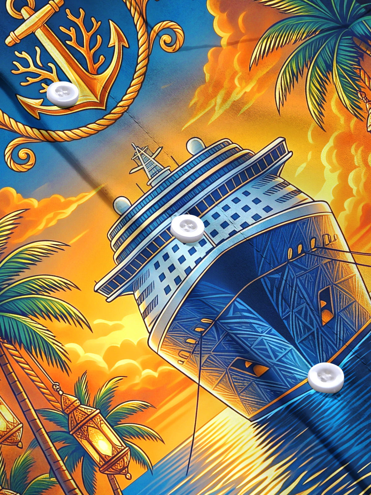 Adaychic Men's Cruise Ship And Palm Trees Print Long Sleeve Stand Collar Shirt