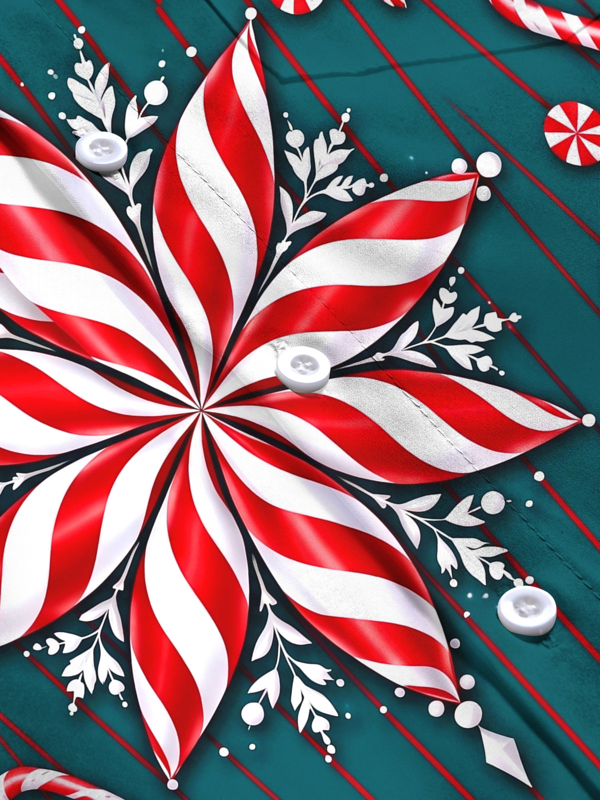 Adaychic Men's Long Sleeve Shirt - Christmas Candy Cane And Peppermint Snowflake Print with Chest Pocket