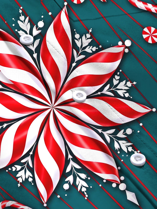 Adaychic Men's Long Sleeve Shirt - Christmas Candy Cane And Peppermint Snowflake Print with Chest Pocket