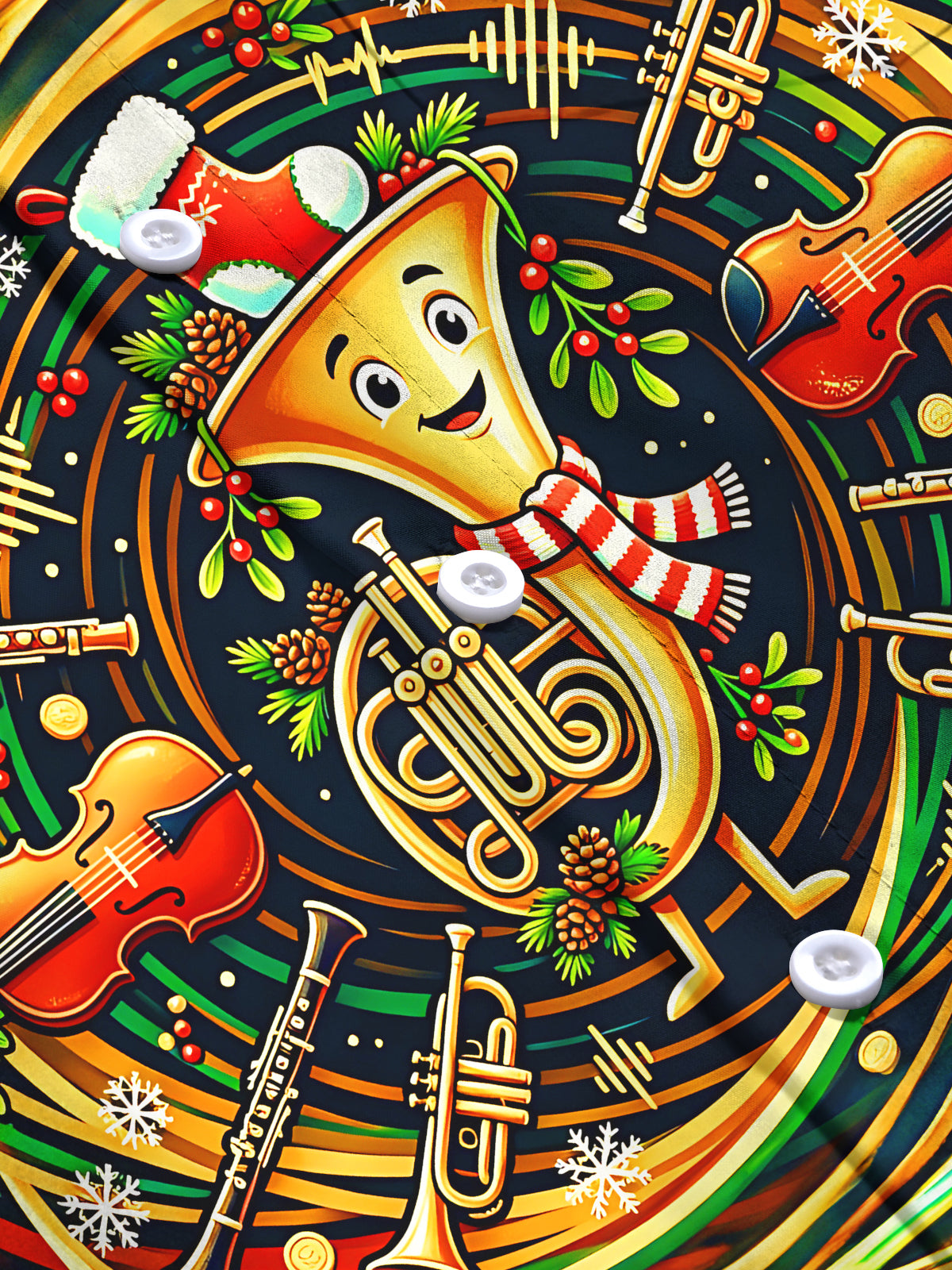 Adaychic Men's Graphic Christmas Musical Instruments Print Long Sleeve Shirt with Chest Pocket