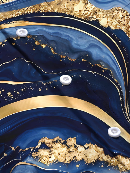 Adaychic Men's Abstract Gold And Blue Marble Waves Print Long Sleeve Shirt with Chest Pocket