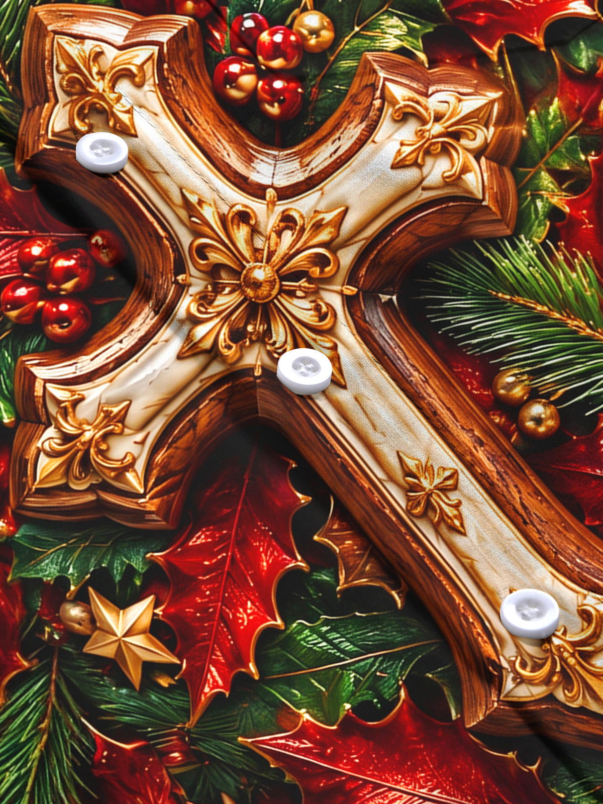 Adaychic Men's Long Sleeve Shirt - Christmas 3D Cross With Holly Leaves And Berries Print with Chest Pocket