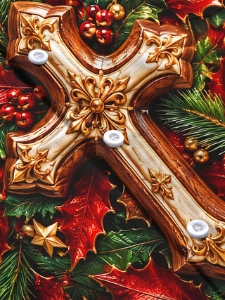 Adaychic Men's Long Sleeve Shirt - Christmas 3D Cross With Holly Leaves And Berries Print with Chest Pocket