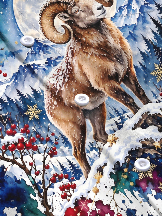 Adaychic Men's Antelope In Snowy Mountain Landscape Print Long Sleeve Shirt with Chest Pocket