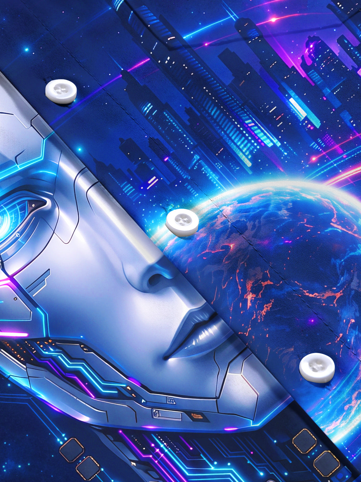 Adaychic Men's Long Sleeve Shirt - Cyber Robot Face And Futuristic Cityscape Print with Chest Pocket