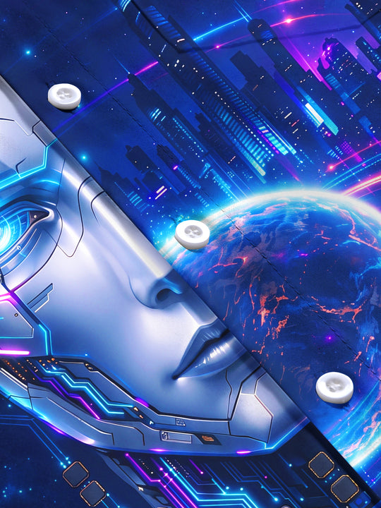 Adaychic Men's Long Sleeve Shirt - Cyber Robot Face And Futuristic Cityscape Print with Chest Pocket