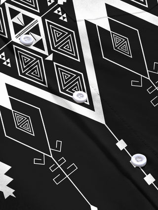 Adaychic Men's Patterned Black And White Geometric Print Long Sleeve Shirt with Chest Pocket