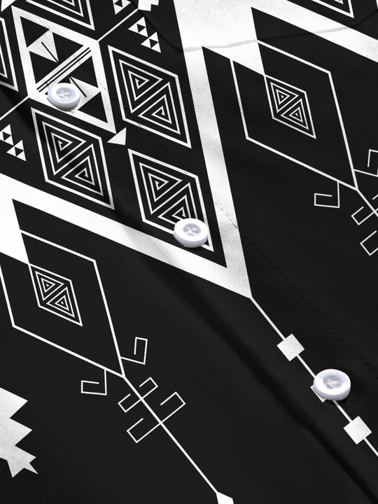 Adaychic Men's Patterned Black And White Geometric Print Long Sleeve Shirt with Chest Pocket