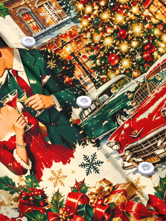 Adaychic Men's Long Sleeve Shirt - Vintage Couple And Christmas Street Scene Print with Chest Pocket