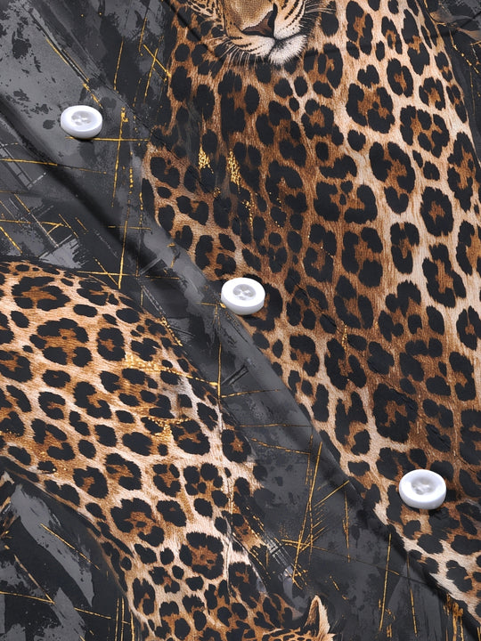 Adaychic Men's Printed Leopard Animal Print With Gold Accents Long Sleeve Shirt with Chest Pocket