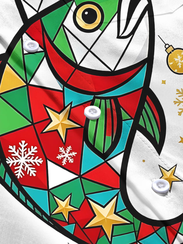 Adaychic Men's Geometric Fish With Santa Hat Print Long Sleeve Shirt with Chest Pocket