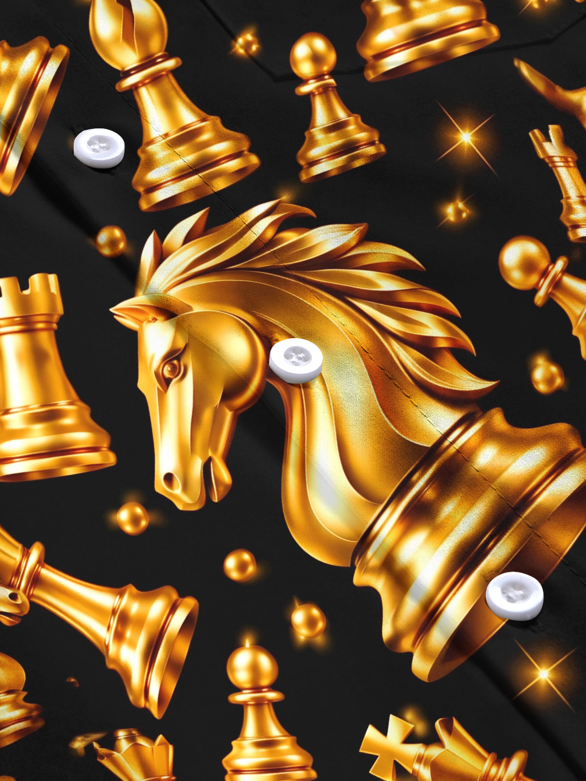Adaychic Men's Patterned Gold Chess Pieces Print Long Sleeve Shirt with Chest Pocket