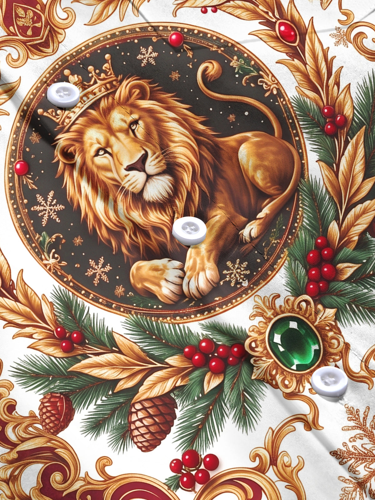 Adaychic Men's Crowned Lion And Christmas Wreath Print Long Sleeve Shirt with Chest Pocket