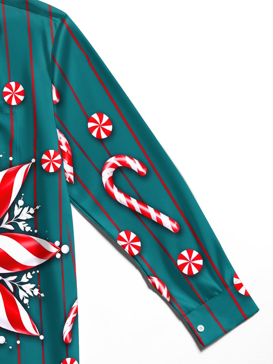 Adaychic Men's Long Sleeve Shirt - Christmas Candy Cane And Peppermint Snowflake Print with Chest Pocket