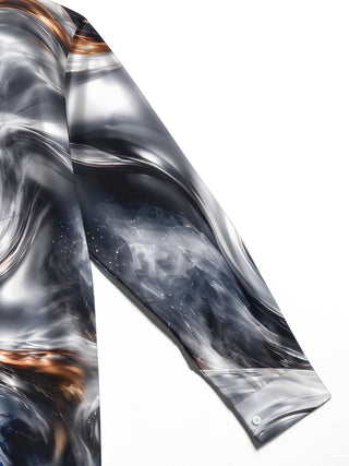 Adaychic Men's Abstract Swirling Metallic And Blue Pattern Long Sleeve Shirt with Chest Pocket