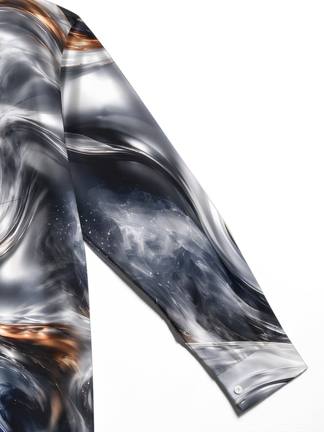 Adaychic Men's Abstract Swirling Metallic And Blue Pattern Long Sleeve Shirt with Chest Pocket