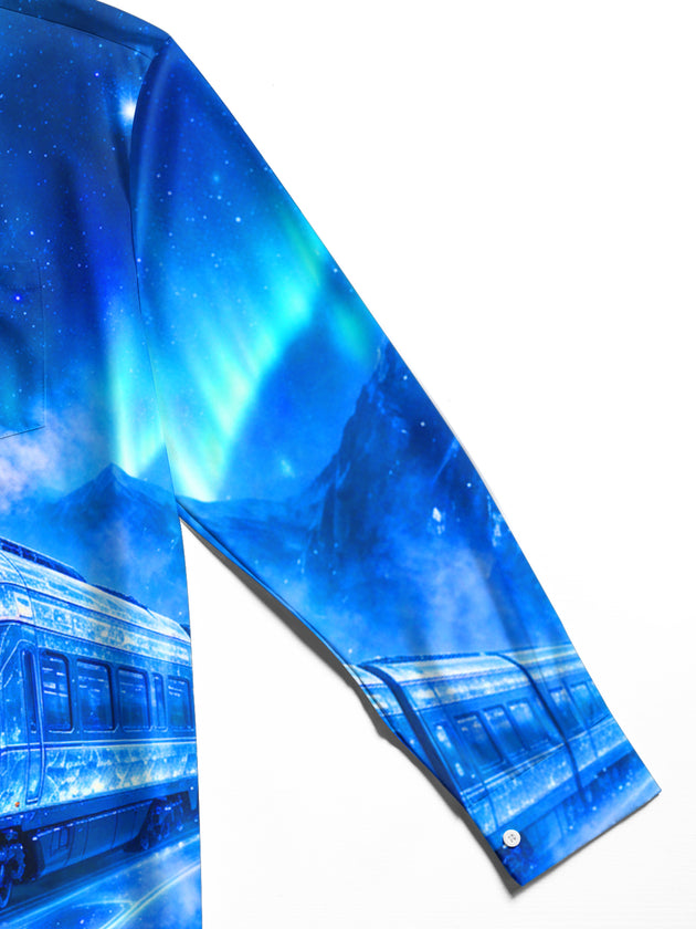 Adaychic Men's Long Sleeve Stand Collar Shirt - Crystal Train And Aurora Borealis Print