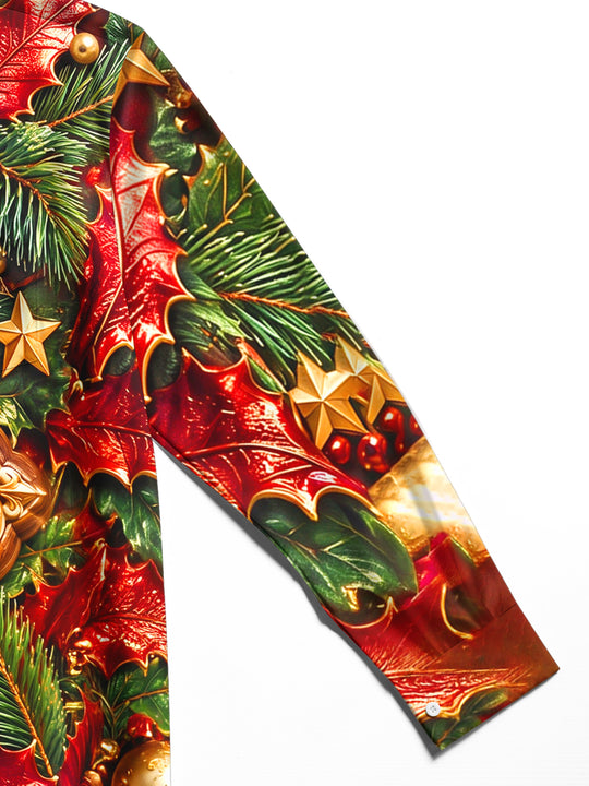 Adaychic Men's Long Sleeve Shirt - Christmas 3D Cross With Holly Leaves And Berries Print with Chest Pocket
