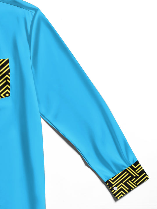 Adaychic Men's Patterned Geometric Gold Lines On Black Print Long Sleeve Shirt with Chest Pocket