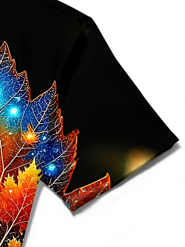 Adaychic Men's Graphic Starry Maple Leaves Print Short Sleeve Shirt with Chest Pocket