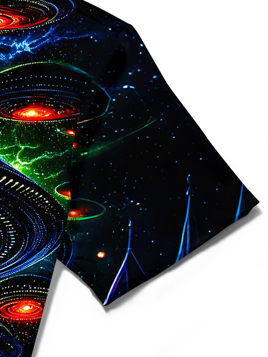Adaychic Men's Graphic UFO All-seeing Eye Print Short Sleeve Shirt with Chest Pocket