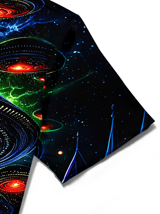 Adaychic Men's Graphic UFO All-seeing Eye Print Short Sleeve Shirt with Chest Pocket