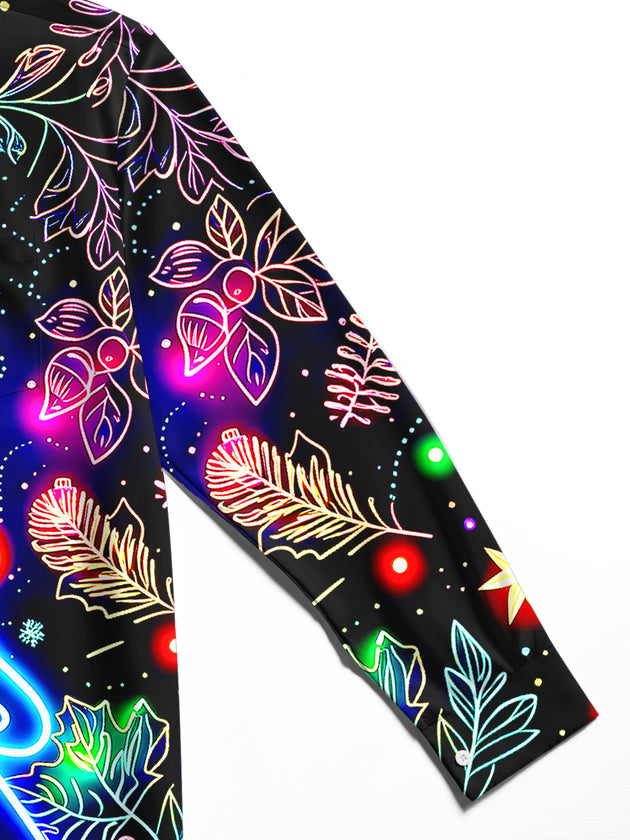 Adaychic Men's Graphic Neon Christmas Tree Print Long Sleeve Shirt with Chest Pocket