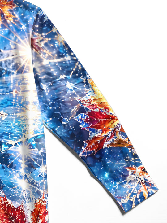 Adaychic Men's Printed Maple Leaves And Snowflakes Print Long Sleeve Shirt with Chest Pocket