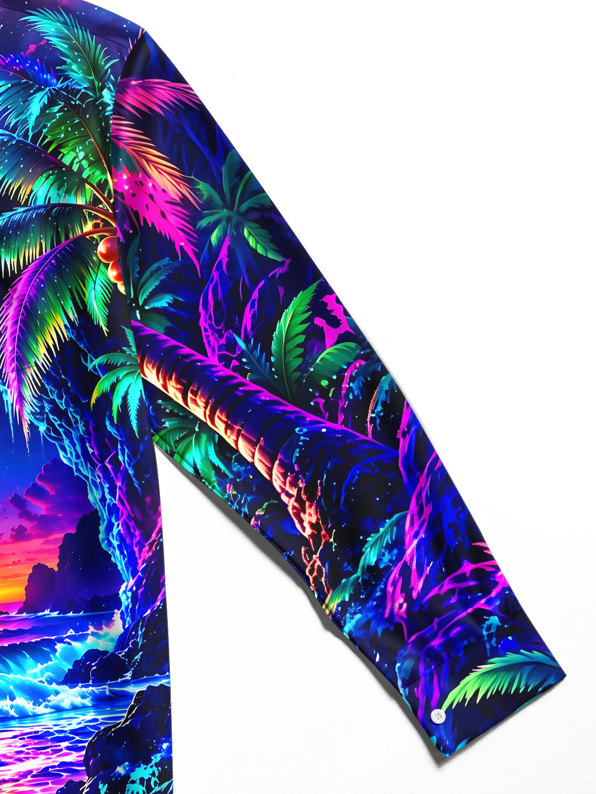 Adaychic Men's Long Sleeve Shirt - Neon Palm Trees And Tropical Sunset Beach Print with Chest Pocket