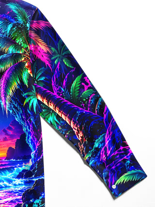 Adaychic Men's Long Sleeve Shirt - Neon Palm Trees And Tropical Sunset Beach Print with Chest Pocket