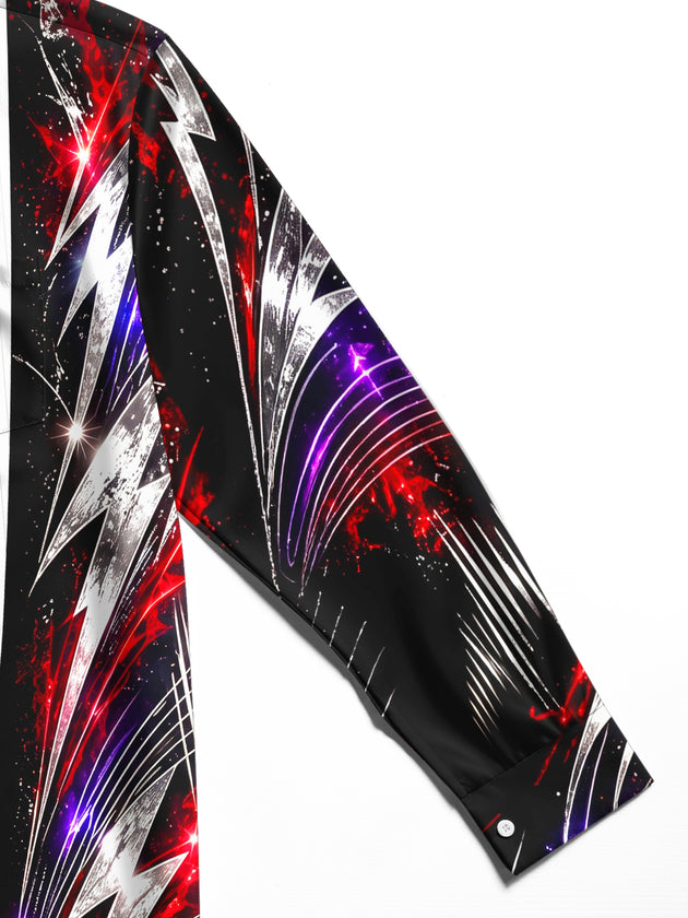 Adaychic Men's Abstract Lightning Bolts And Neon Sparks Print Long Sleeve Shirt with Chest Pocket