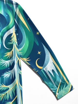 Adaychic Men's Long Sleeve Shirt - Aurora Borealis And Pine Trees With Icicles Print with Chest Pocket