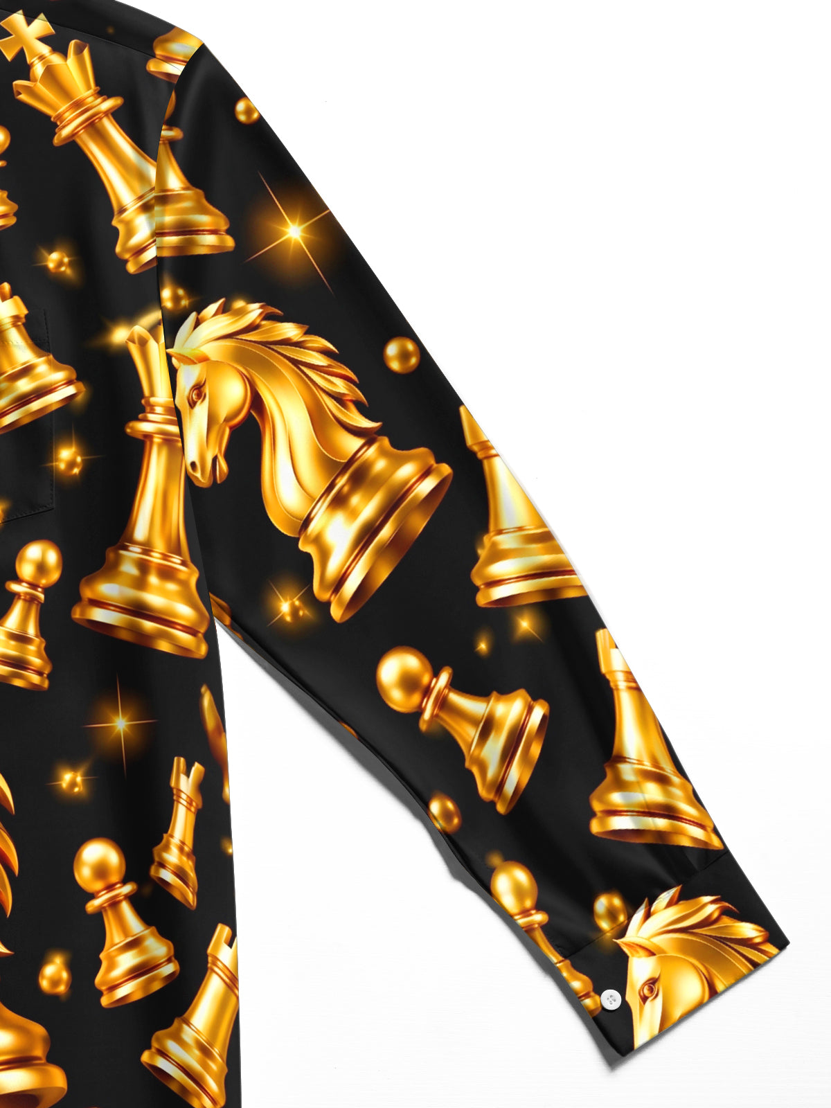 Adaychic Men's Patterned Gold Chess Pieces Print Long Sleeve Shirt with Chest Pocket