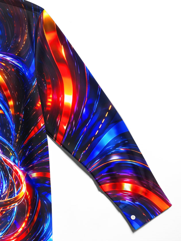 Adaychic Men's Abstract Neon Swirls And Geometric Gem Print Long Sleeve Shirt with Chest Pocket