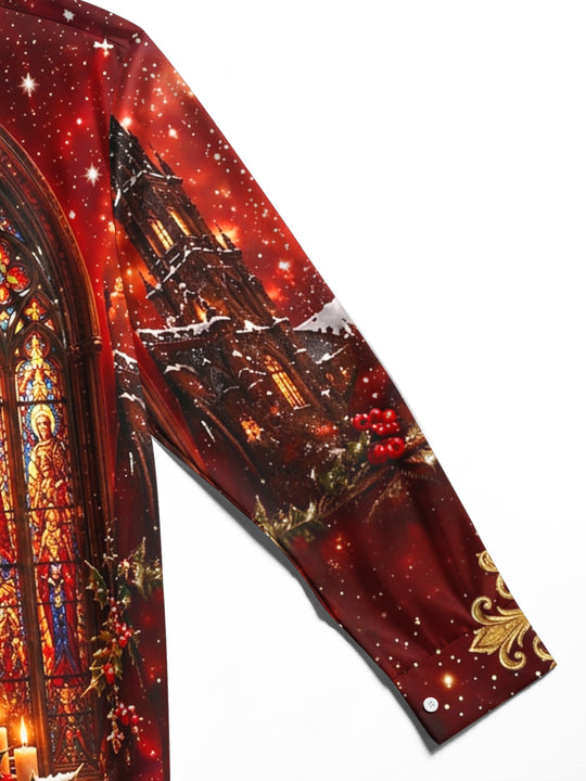 Adaychic Men's Long Sleeve Shirt - Christmas Gothic Stained Glass Window And Religious Figures Print with Chest Pocket