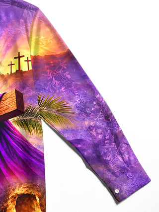 Adaychic Men's Long Sleeve Shirt - Easter Christian Resurrection Scene With Cross And Empty Tomb Print with Chest Pocket