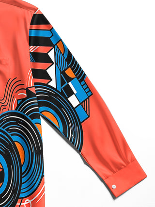 Adaychic Men's Graphic DJ Silhouette And Vinyl Records Print Long Sleeve Shirt with Chest Pocket