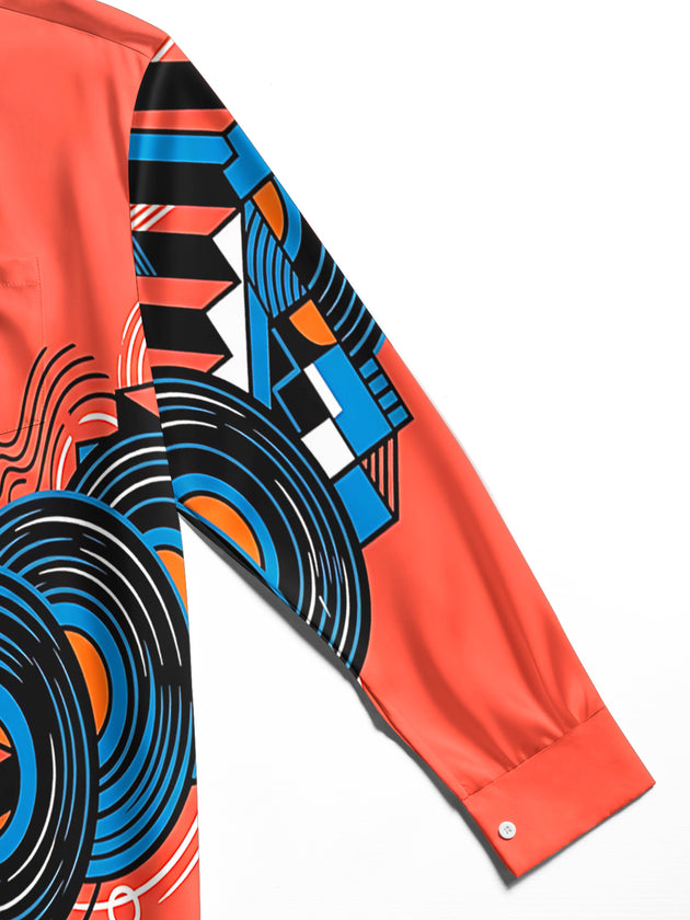 Adaychic Men's Graphic DJ Silhouette And Vinyl Records Print Long Sleeve Shirt with Chest Pocket