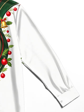Adaychic Men's Long Sleeve Shirt - Christmas Ribbon With Bells And Ornaments Print with Chest Pocket