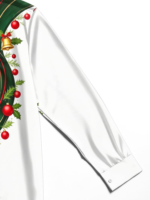 Adaychic Men's Long Sleeve Shirt - Christmas Ribbon With Bells And Ornaments Print with Chest Pocket