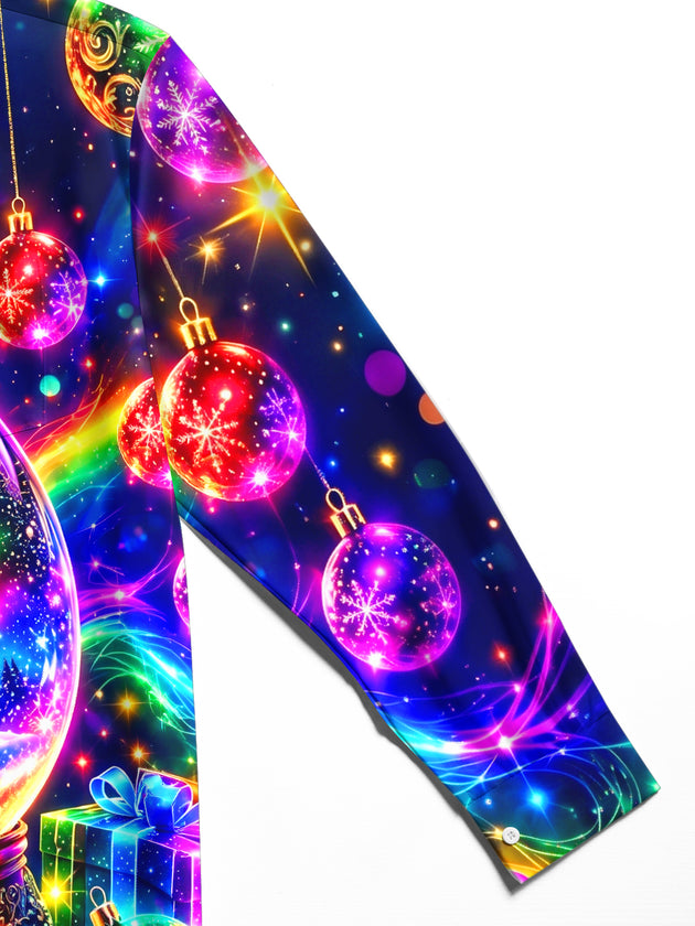 Adaychic Men's Long Sleeve Stand Collar Shirt - Christmas Snow Globe With Cabin And Rainbow Print
