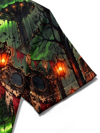 Adaychic Men's Short Sleeve Shirt - Dark Carousel Horses And Glowing Lanterns Print with Chest Pocket