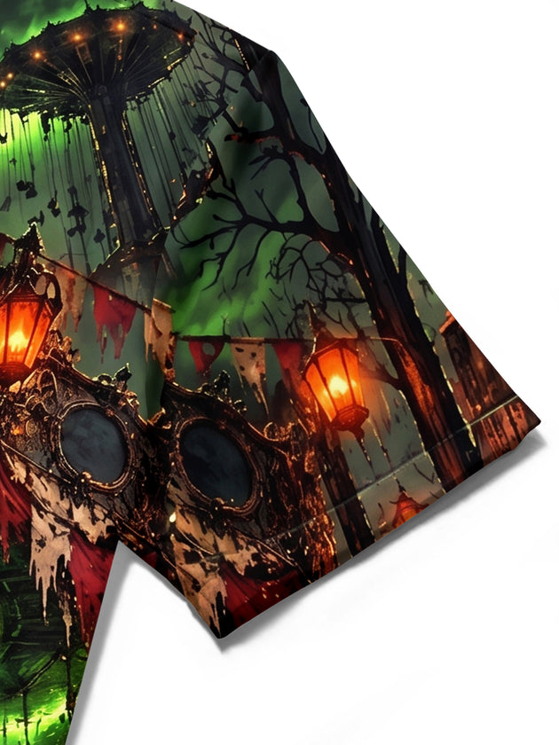 Adaychic Men's Short Sleeve Shirt - Dark Carousel Horses And Glowing Lanterns Print with Chest Pocket