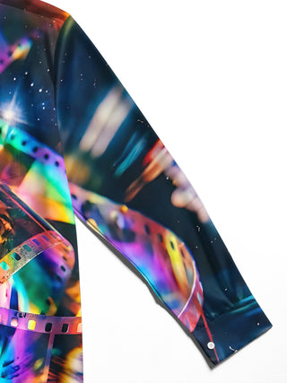 Adaychic Men's Long Sleeve Shirt - Colorful Film Strips And Space Background Print with Chest Pocket