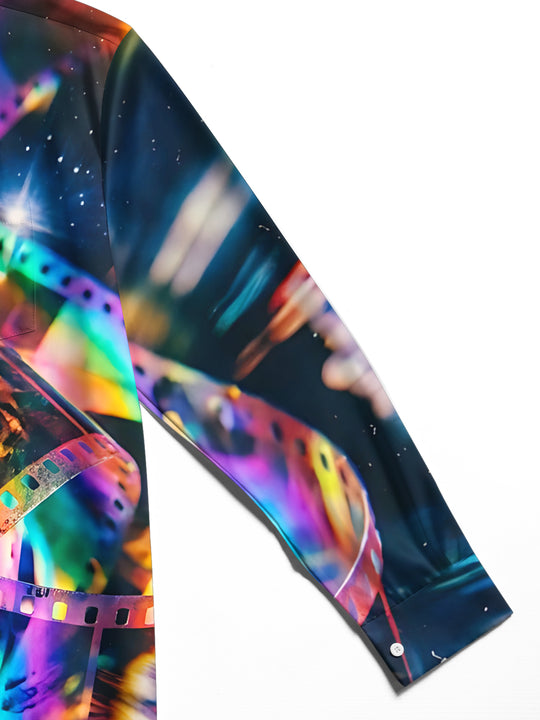 Adaychic Men's Long Sleeve Shirt - Colorful Film Strips And Space Background Print with Chest Pocket