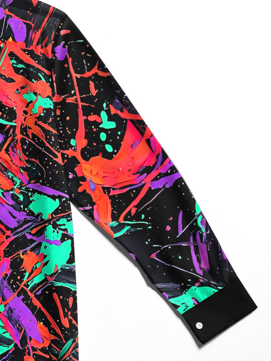 Adaychic Men's Long Sleeve Shirt - Abstract Colorful Paint Splatters And Brushstrokes Print with Chest Pocket