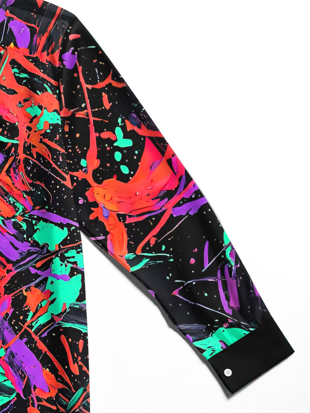 Adaychic Men's Long Sleeve Shirt - Abstract Colorful Paint Splatters And Brushstrokes Print with Chest Pocket