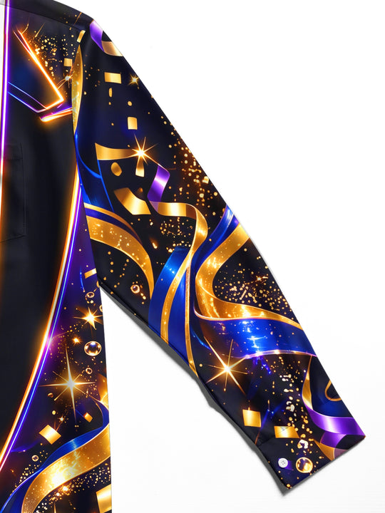 Adaychic Men's Long Sleeve Shirt - Gold And Blue Ribbons With Sparkles And Bubbles Print with Chest Pocket